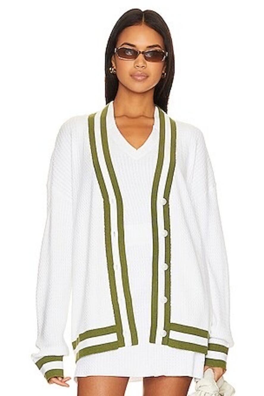 WEWOREWHAT Varsity Cardigan in Optic White & Court Green size XL/XXL
